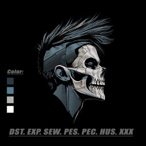 Pode incluir: Ilustração de uma caveira com um penteado moicano, renderizada em tons de cinza e azul sobre um fundo preto. A imagem inclui o texto "Color:" e uma paleta de cores, juntamente com as abreviações "DST. EXP. SEW. PES. PEC. HUS. XXX."