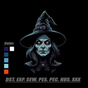 May include: An embroidery design featuring a witch with a pointed hat, glowing red eyes, and dark hair. The image includes a color palette with purple, blue, light blue, cyan, and orange squares, and the text: Color: DST. EXP. SEW. PES. PEC. HUS. XXX.