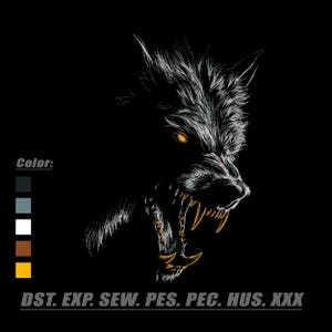 May include: An embroidery design featuring a snarling wolf head with glowing yellow eyes and sharp teeth, rendered in white and grey lines on a black background. A color palette of dark grey, light grey, white, brown, and yellow is displayed on the left.