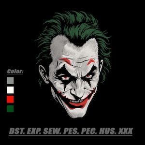 Könnte beinhalten: Eine digitale Illustration des Gesichts des Jokers auf schwarzem Hintergrund. Das Gesicht des Jokers ist weiß mit grünen Haaren, roten Lippen und rotem Augen-Make-up. Das Bild enthält das Wort "Color:" und eine Farbpalette.