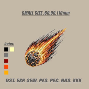 May include: An embroidered design of a fiery meteor streaking across a tan background. The meteor is depicted in shades of black, orange, and yellow, with a textured, cracked surface. The text "SMALL SIZE: 60,90,110mm" is above the meteor.
