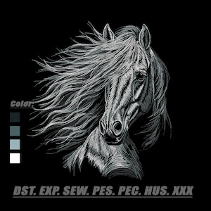 May include: An embroidery design featuring a detailed white horse head with a flowing mane on a black background. The image includes a color palette labeled Color with four shades and the text DST. EXP. SEW. PES. PEC. HUS. XXX at the bottom.