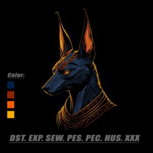 May include: A stylized illustration of Anubis, the Egyptian god of the afterlife, against a black background. The artwork features a dark blue canine head with orange accents on the ears and eyes, and gold decorative elements. The image includes the text "Color:" and other abbreviations.