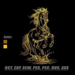 May include: A golden line art illustration of a horse rearing up on its hind legs, creating a splash effect at the base. The image includes the text Color: with two color swatches and the text DST. EXP. SEW. PES. PEC. HUS. XXX at the bottom.