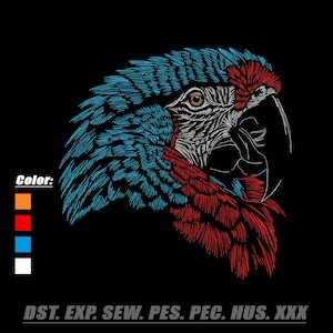 Könnte beinhalten: Detailliertes Stickdesign eines Papageienkopfes mit blauen und roten Federn auf schwarzem Hintergrund. Das Design enthält den Text "Color:" und Farbmuster. Der untere Teil des Bildes zeigt den Text "DST. EXP. SEW. PES. PEC. HUS. XXX."