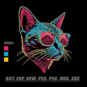 May include: A digital embroidery design featuring a cat wearing sunglasses, rendered in neon pink, cyan, and yellow lines against a black background. The image includes a color legend and the text: Color: DST. EXP. SEW. PES. PEC. HUS. XXX.