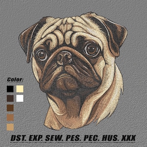 May include: Detailed illustration of a pug's face, featuring a tan and brown color palette. The image includes the word "Color:" and a color palette. The image also includes the text "DST. EXP. SEW. PES. PEC. HUS. XXX."