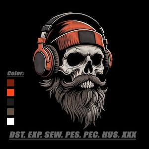 May include: A graphic illustration of a skull wearing an orange beanie and large headphones, featuring a detailed beard and mustache. The image includes a color palette sidebar and the text: Color: DST. EXP. SEW. PES. PEC. HUS. XXX.