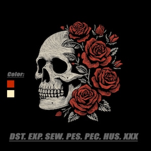Skull Rose Embroidery Design, Gothic Floral Skull Machine Embroidery Pattern, Tattoo Style Digital Download
