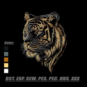 May include: An embroidery design featuring a detailed tiger head in shades of gold, bronze, and black. The text Color: appears above a vertical column of five color swatches, and the text DST. EXP. SEW. PES. PEC. HUS. XXX appears at the bottom.