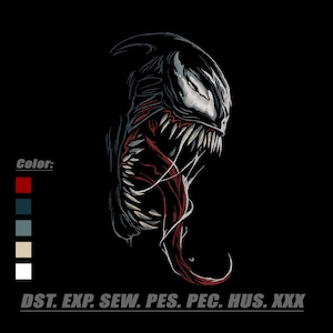 May include: A graphic illustration of a creature with a black head, sharp white teeth, and a long red tongue. To the left, a color palette shows red, dark blue, grey, beige, and white squares. Below, the text reads: Color: DST. EXP. SEW. PES. PEC. HUS. XXX.