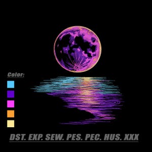 May include: An embroidery design featuring a circular purple moon above a shimmering water reflection in shades of blue, purple, pink, and orange. The text Color: appears next to five color swatches, with DST, EXP, SEW, PES, PEC, HUS, XXX below.