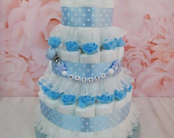 Torta di pannolini a tre piani con clip per ciuccio per neonato, regalo per baby shower