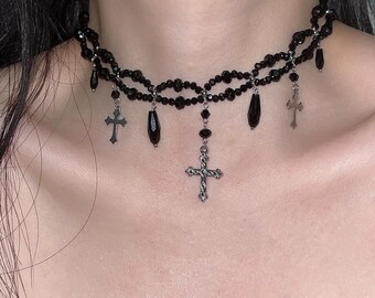 Black Bead Cross Choker Necklace, Gothic Double Layer Beaded Choker, Grunge Y2K Alt Aesthetic Necklace, Edgy Style Teardrop Choker