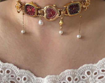 Collar con reloj de corazón rojo vintage, gargantilla con dijes de perlas y reloj, joyería floral glamorosa para bodas, joyería retro romántica, regalo de reloj de cuarzo