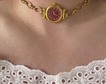 Vintage  Style Watch  Necklace, Gold Tone Timepiece Choker,Red Dial Mini Clock ,Victorian Style Collar, Elegant Handmade Gift for Women