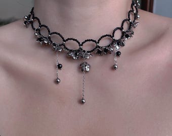 Black Gothic Flower Choker Necklace Set,Beaded Ring & Earrings,Y2K Grunge Alt Aesthetic Floral Jewelry, Handmade Dark Fairycore Jewelry