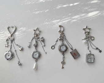 Silver Watch Charm Pendant with Mini Timepiece, Star Moon Heart Dangling Charm,Layered Chain Jewelry,Cute Aesthetic Accessory for  Bag