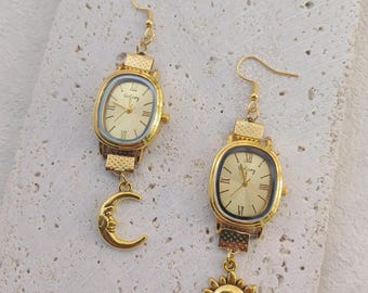 Gold Sun and Moon Watch Earrings,Asymmetrical Working Watch Drop Earrings,Vintage Celestial Earrings,Unique Clock Dangle Earrings for Women