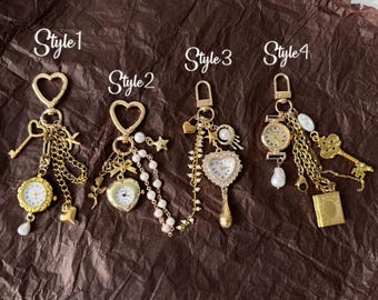 Vintage Gold Watch Bag Charm, Heart Watch Keychain, Y2K Jewelry Charm, Pearl Star Key Pendant, Handmade Bag Chain,Aesthetic Y2K  Accessory
