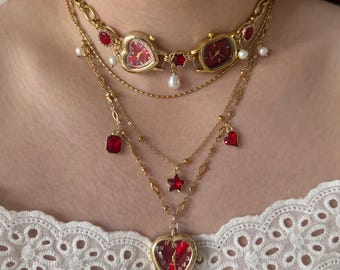 Collar con reloj de corazón rojo, gargantilla dorada, cadena multicapa con dijes de estrella y perla, joyería romántica vintage, regalo de San Valentín.