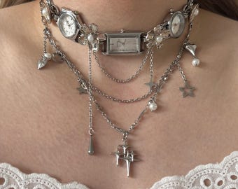 Silver  Watch Necklace Choker with Pearl and Star Charms,Multi Layered Chain Celestial Jewelry, Retro Watch Necklace, Y2k Punk  Gift for Her
