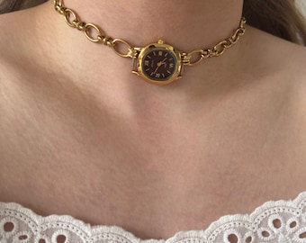 Brown Watch Necklace,Punk Gold Tone Timepiece Choker,Dial Mini Clock ,Grunge Chain Choker,Victorian Style Collar,Y2k Clock Necklace Gift,