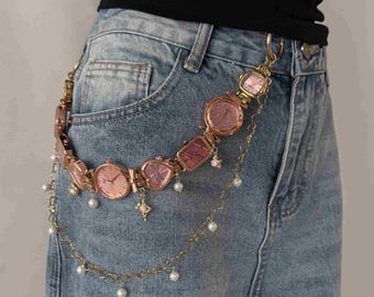 Pink Watch Face Jean Chain,Pearl Dangle Pants Decor Chain,Y2K Rose Gold Clock Waist Belt Chain,Handmade Alt Punk Denim Trouser Accessory