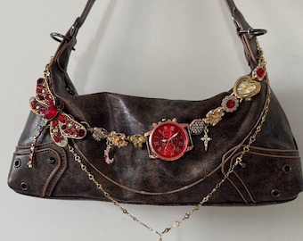Vintage Red Bag Charm Chain,Gothic Watch Purse Decorative Strap,Y2K Retro Gold Layering Handbag Accessory with Teardrop Dangle