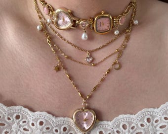 Collier ras de cou avec montre coeur rose, superposition de bijoux en chaîne en or, tour de cou horloge pour filles mignonnes, breloque en perles de l'an 2000