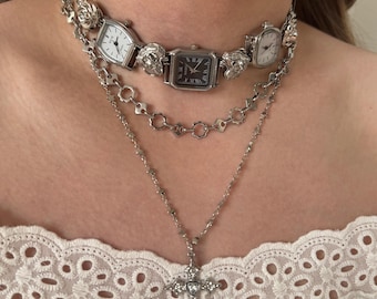 Punk Multi Watch Face Choker Necklace,Vintage Silver Timepiece Necklace Gothic Layered Chain Cross Pendant,Y2K Statement Jewelry, Gift idea