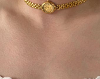 腕時計チョーカーネックレス、ヴィンテージスタイルの時計ネックレス、Y2Kゴシックジュエリー、レトロな時計チョーカー、繊細なゴールドチェーンネックレス、彼女へのギフト