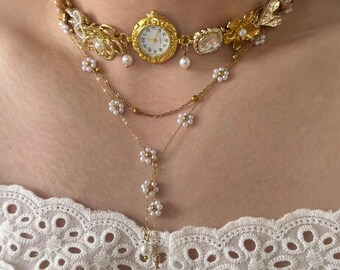 Gold Watch Choker Necklace,Pearl Floral Charms Choker,Coquette Fairycore Lolita Teardrop Necklace,Perfect Gift for Her Birthday Bridal Party