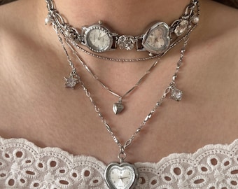 Silver Heart Watch Layered Choker Necklace, Cute Heart Clock Neckalce,Y2K Grunge Star Charm Choker,Gothic Punk Jewelry Set Gift for Her