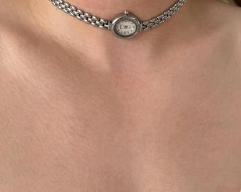 Collar gargantilla de reloj de plata Ounk, collar con cadena de reloj, joyería gótica punk Y2K, gargantilla de reloj llamativa, regalo estético