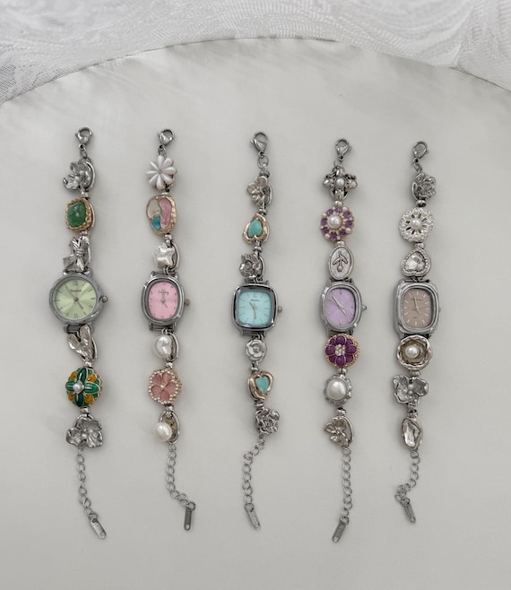 Silver Mini Watch Bracelet,Colorful Charms Clock Jewelry,Delicate Details Bracelet,Watch Like Jewelry,Subtle Gothic Aesthetic Timepiece