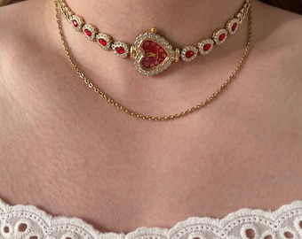 Heart Watch Choker Necklace,Gold Cute Timepiece Choker, Y2K Gothic Chain Choker,Cool Girls Necklace,Unique Statement Necklace Gift for Her