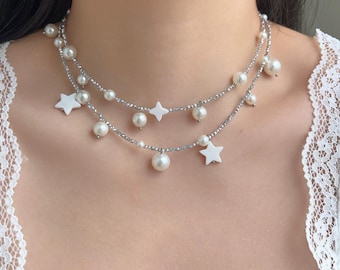 White Star Layered Choker Necklace,Pearl Charms Choker,Starry Bridal Jewelry, Y2K Fairycore Aesthetic Pearl Drop Necklace for Prom Weddings