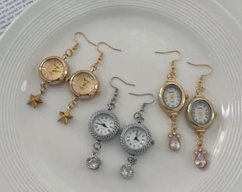 Retro Watch Drop Earrings, Working Quartz Clock Dial Hook Earrings, Cute Star Dangling Charms, Handmade Ear Accessories for Festival Outfits