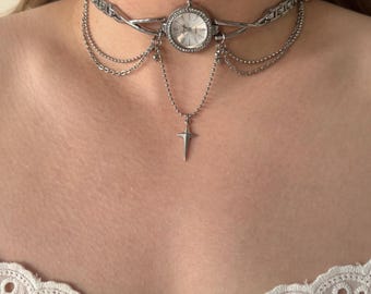 Silver Watch Necklace Choker, Gothic Cross Pendant Necklace, Punk Chain Watch Jewelry, Vintage Y2K Aesthetic Accessory