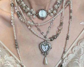 Multi Layer Pearl Watch Necklace,Vintage Silver Heart Clock Choker,Teardrop Pearl Long Layering Chain,Victorian Aesthetic Women Jewelry