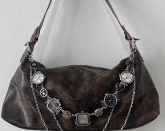 Grunge Y2K Watch Dial Bag Charms,Dangle Silver Watch Face Purse Decor Chain, Double Layer Drop Metal Handbag Charm,Gothic Punk Bag Accessory