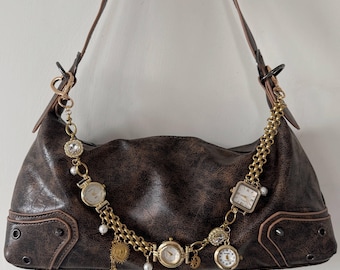 Antique Multi-Clock Gold Bag Chain,Dainty Heart Drop Dangle Purse Ornament,Y2K Soft Girl Aesthetic Detachable Handbag Jewelry