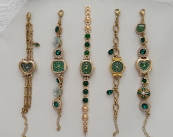 Green Stone Jewelry Watch Bracelet,Vintage Gold Charm Wristwatch for Women,Emerald Style Gem Bracelet Watch,Retro Timepiece Jewelry Gift