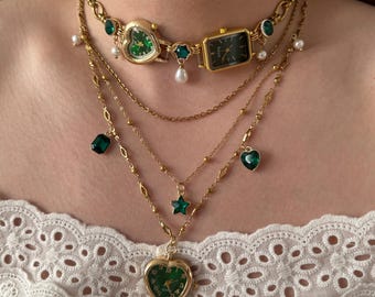 Green Heart Watch Necklace,Gold Pearl Charms Clock Choker,Multi Layer Chain Necklace,Forest Necklace, Vintage Fairycore Jewelry,Gift for her