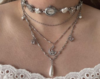 Silver Watch Choker Necklace,Moon and Star Charms Watch Jewelry,Layered Pearl Drop Necklace, Vintage Punk  Watch Jewelry, y2k Clock Necklace