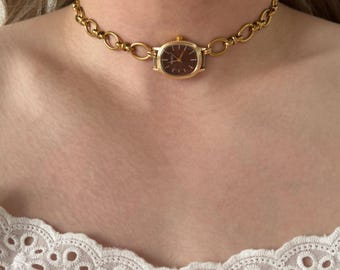 Gold Watch Choker Necklace with Layered Chains,Vintage Clock Necklace,Y2K Punk Clock Jewelry, Brown Charms Necklace,Retro Timepiece Set