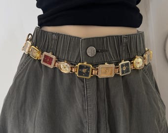 Vintage Gold Watch FaceBelt Chain,Clock Dial Waist Chain, PunkAdjustable Metal Waistband, Old Money Aesthetic Streetwear Accessory for Jeans