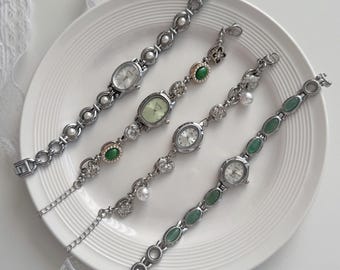 Vintage Silver Watch Bracelet,Green Stone & Pearl Charms Bracelet,Elegant Oval Timepiece Jewelry, Antique Style Ladies Wristwatch,Retro Gift