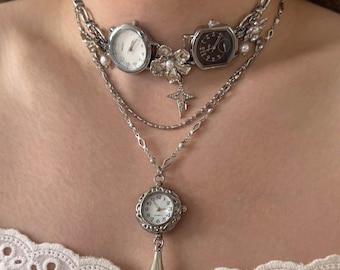 Y2K Layered Watch Necklace,Silver Grunge Aesthetic Clock Choker,Pearl Flower & Star Charms,Watch Dial Necklace,Handmade Punk Gothic Jewelry